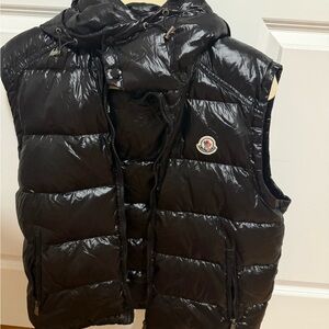 Moncler Shiny Black Hooded Quilted Puffer Vest